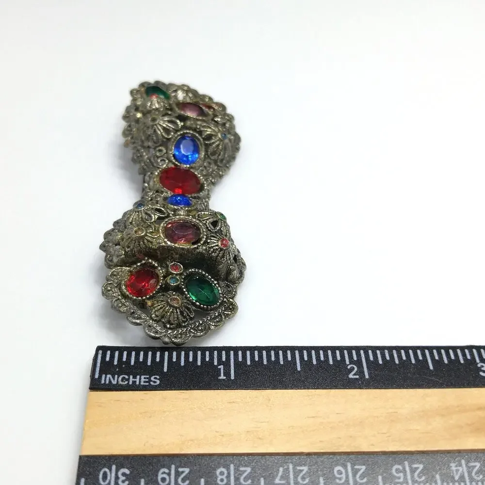 Vintage Rhinestone Floral Bow Brooch, Filigree Flowers, 1930s Jewelry